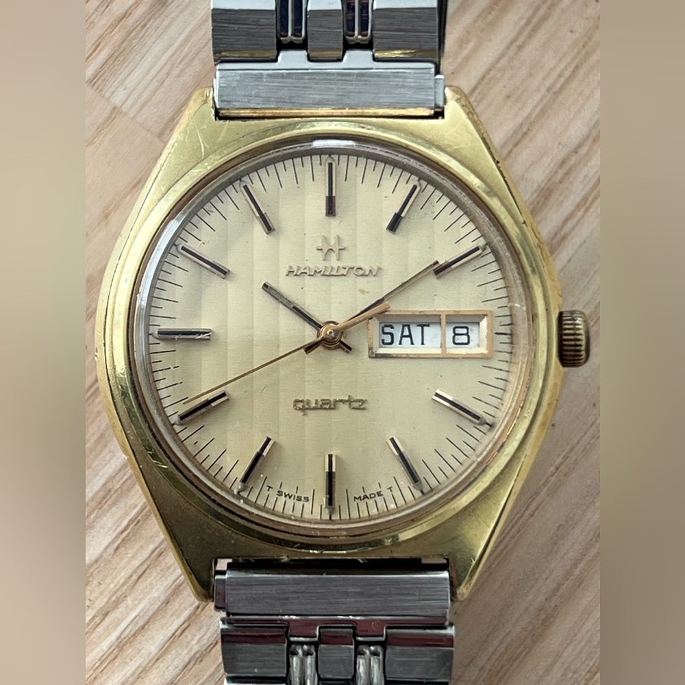 Hamilton 14K Gold Plated Rare Vintage Men’s Watch Stainless Bracelet Gold Dial